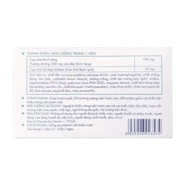 Hoạt Huyết Dưỡng Não DHG Pharma 3 vỉ x 20 viên