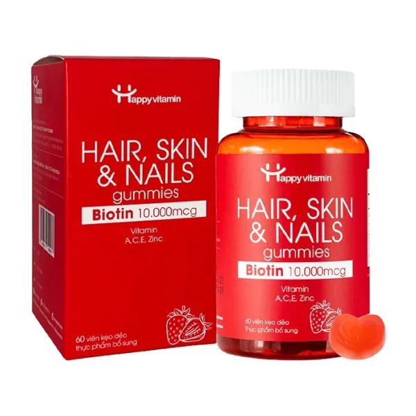 Kẹo Dẻo Hair Skin Nails Gummies Biotin 10000mcg Happy Vitamin 60 viên