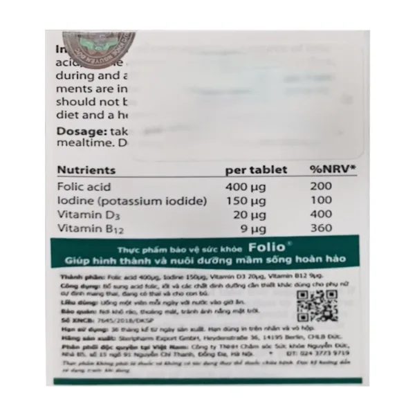 Viên uống bổ sung acid folic Folio 30 viên