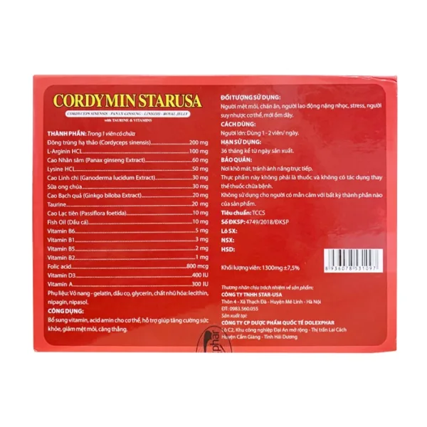 Viên Uống Cordymin Starusa Fobelife 6 vỉ x 10 viên